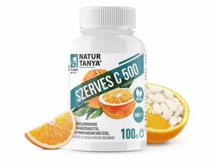 Natur Tanya Szerves C 500 – Kétféle C-vitamin és citrus bioflavonoidok gyomorkímélő rágótablettában, finom narancs ízben 100 db